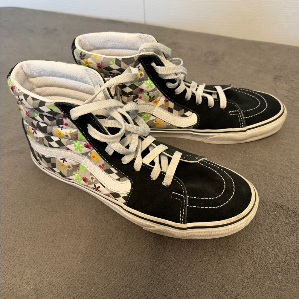 Vans Black and White High-Top Sneakers with Floral Pattern